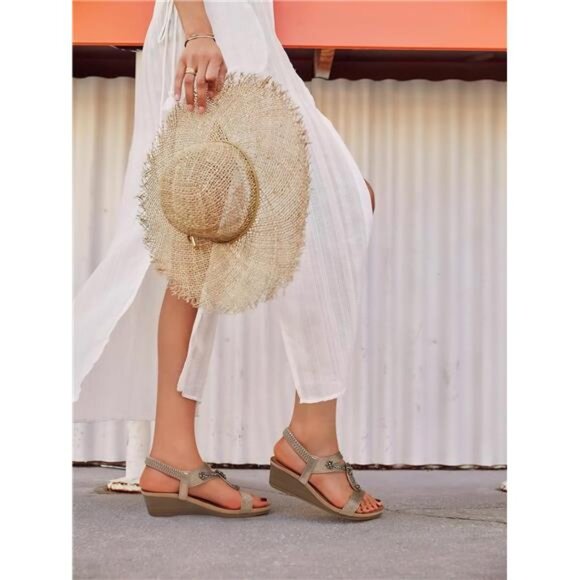 Womens Wedge Sandals Flower Low Heel Dressy Sandals (Elastic Ankle) - Picture 2 of 7